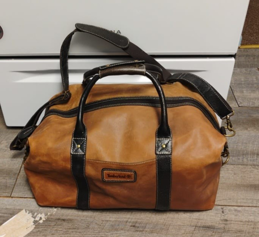 Vintage 90s Timberland Brown 100% Leather Duffle Bag Carry On Weekender Strap